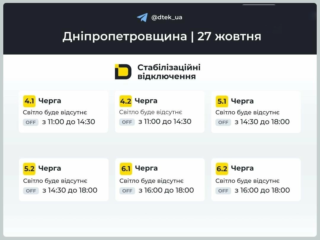 На Дніпропетровщині оновили графіки відключень електроенергії на 27 жовтня
