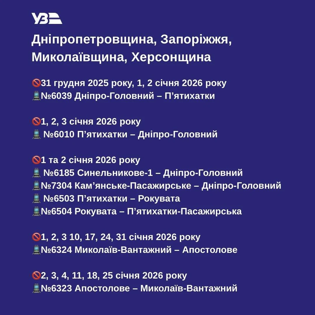Святкові корективи руху: на початку січня частина електричок до Кривого Рогу не вийде на маршрут